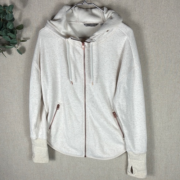 Athleta > White Zip Up Hooded Sweatshirt with Thumb Holes Small - Picture 6 of 8